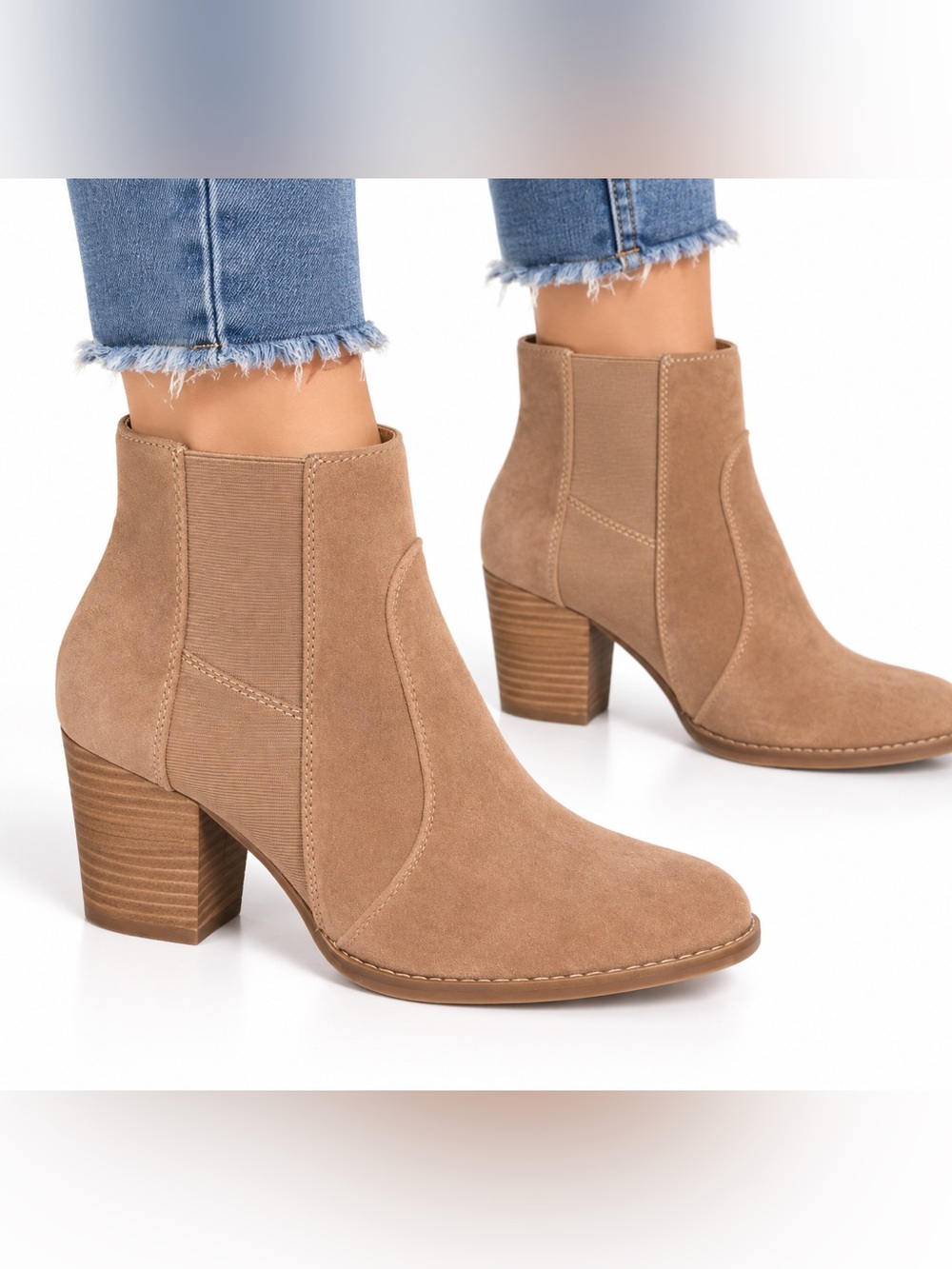 Suede Tan Block Heel Ankle Boots - Women Size 7